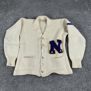 Vintage Lanza Letterman Cardigan Sweater Mens Small Cream Varsity N Patch